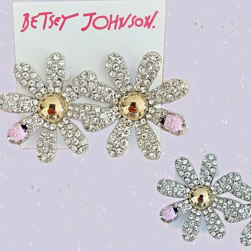 Betsey Johnson Daisy Flower Crystal Stone Pink Ladybug Charm Stud Earrings